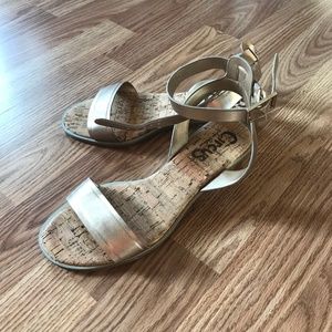 8 Wide Gold Ankle Strap Block Heels